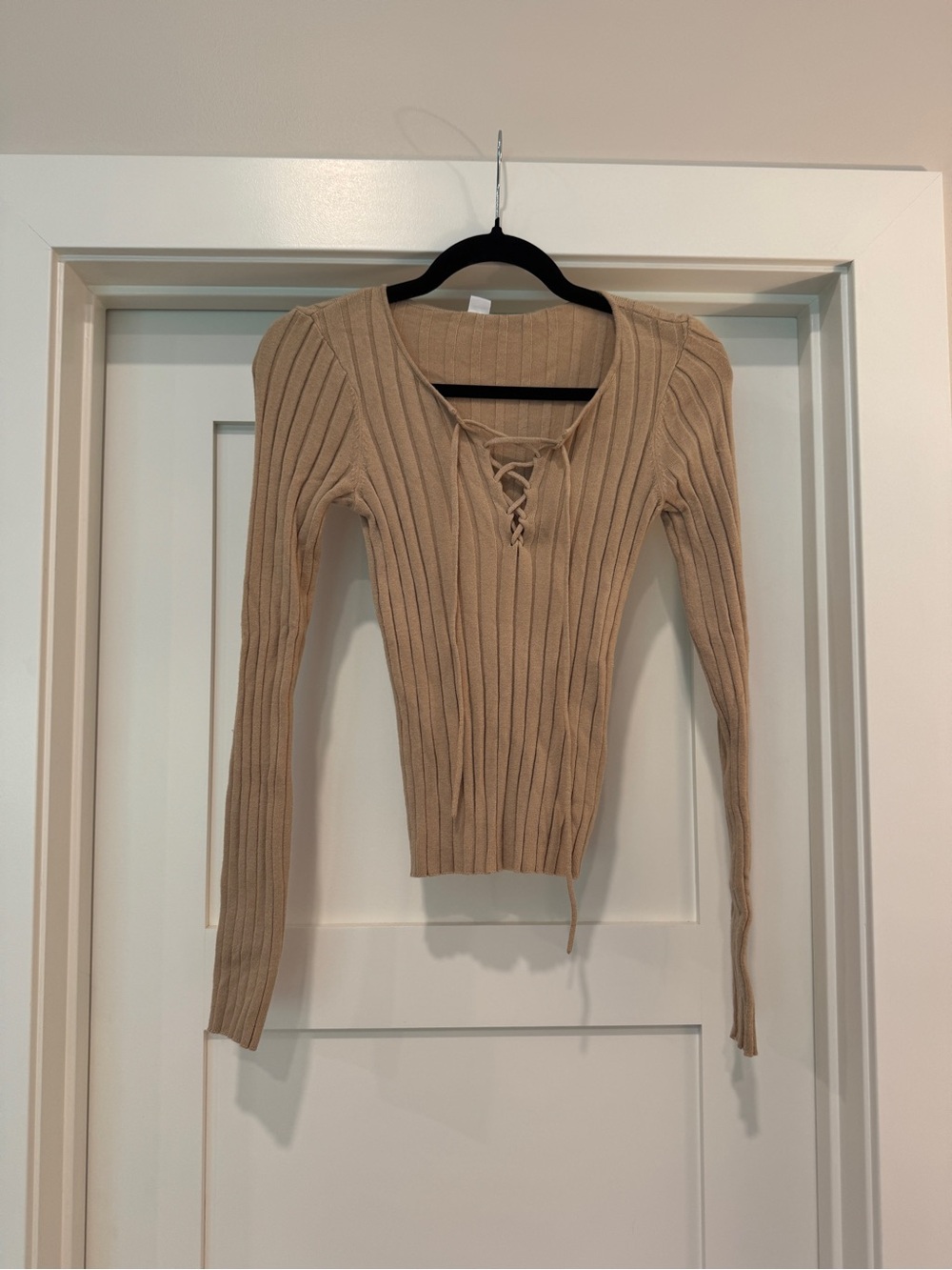 Noisy May Beige Ribbed Lace-Up V-Neck Sweater